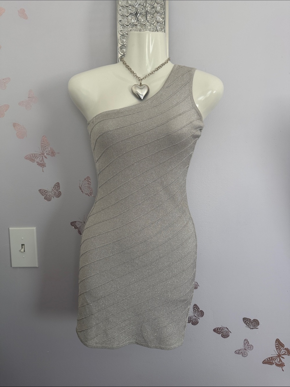 One-Shoulder Silver Bodycon BeBe Dress